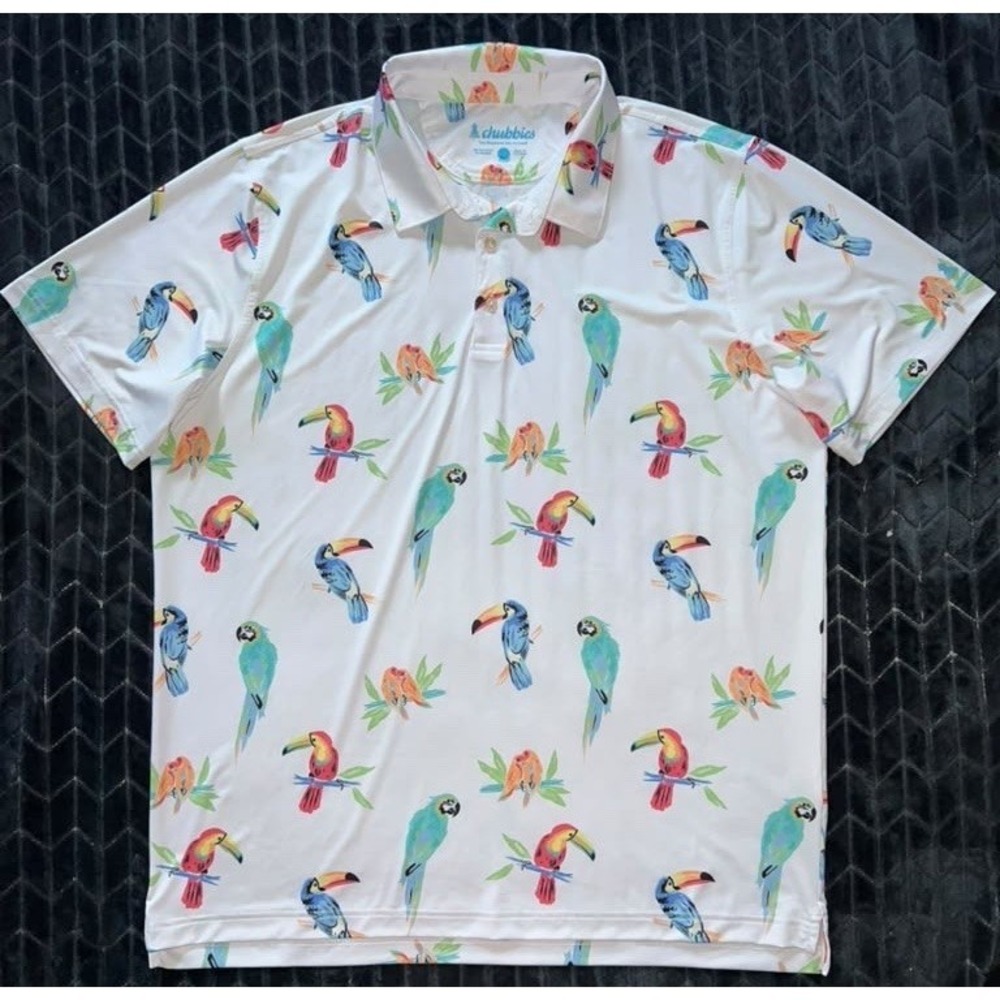 Chubbies Men's Polo Shirt White Parrot Toucan Print Short Sleeve Golf Sz 2XL